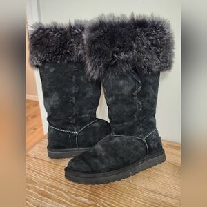 Ugg Boots Womens 9 Tall Rosana Water Resistant Sheepskin Fur Tocana  Black Suede